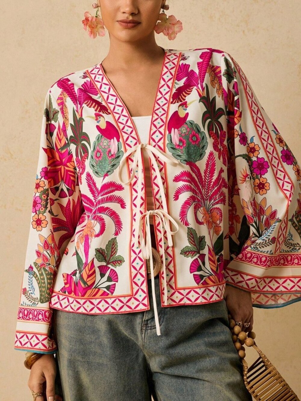 Hot Pink Boho Women's Print Tie Front Casual Plus Size Blouse - Picture 6 of 7